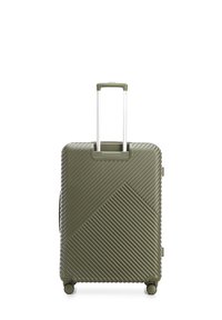 Valise à coque rigide de couleur vert olive, avec une texture en relief diagonale, une poignée télescopique, quatre roues et une poignée latérale pour un transport facile.
