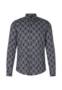 Langsleeve shirt in het zwart met intrigerende witte bloem- en geometrische patronen; beschikt over een klassieke kraag en een rechte snit.
