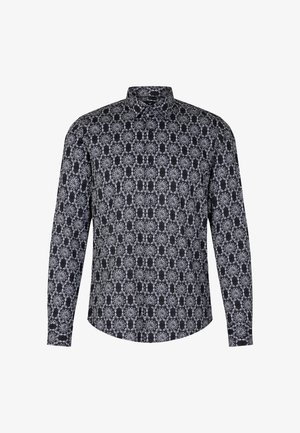 Long-sleeve shirt in black with intricate white floral and geometric patterns; features a classic collar and a straight cut.