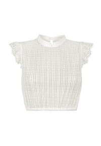 White cropped top with a high neck, featuring textured lace fabric, vertical stripes, short ruffled sleeves, and a keyhole closure at the back.