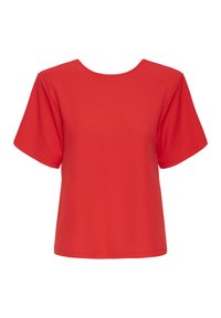 Camiseta roja de manga corta con escote redondo, hecha de tela suave. Presenta un ajuste relajado y un diseño sencillo, sin patrones ni detalles visibles.