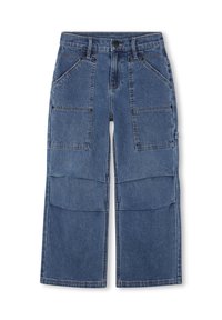 Pantalones cargo de denim en azul oscuro con un corte relajado, que cuentan con múltiples bolsillos frontales y laterales, costuras reforzadas y un cierre de botón.