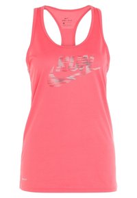 Pink Nike Dri-FIT tank top with a racerback design. Features a large "RUN" graphic in silver across the chest. Smooth fabric texture.