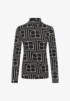 Černý dlouhý rukáv rolák z pružného materiálu, který je zdoben geometrickým krémovým vzorem obdélníků a polokruhů.