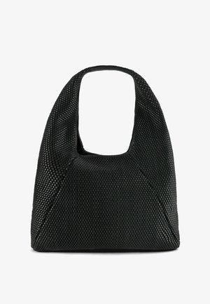 Borsa intrecciata nera con trama testurizzata, manico superiore largo e forma morbida e arrotondata.