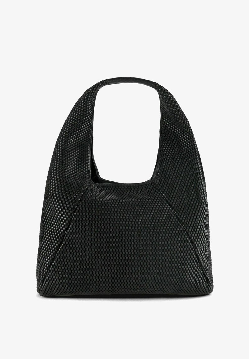 Borsa intrecciata nera con trama testurizzata, manico superiore largo e forma morbida e arrotondata.