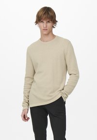 Suéter de punto en color beige claro, con mangas largas y un escote redondo, que presenta un patrón texturizado y un dobladillo de corte relajado.