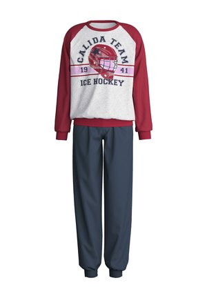 Langärmliges Sweatshirt im Eishockey-Stil mit roten Ärmeln und grauem Oberkörper, kombiniert mit dunkelblauer Hose.
