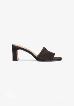 Dark brown suede high-heeled mules with a wide front band and a square open toe. Features a chunky, geometric heel. Smooth texture.