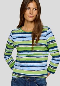 Langärmeliges Baumwolloberteil mit horizontalen Streifen in Blau-, Grün- und Schwarztönen. Rundhalsausschnitt und lockere Passform.