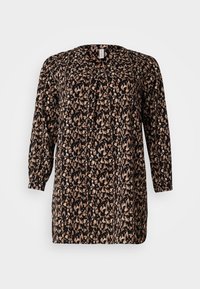 Tunica a maniche lunghe in tessuto nero con un motivo astratto beige e marrone, caratterizzata da un collo rotondo e una vestibilità comoda.