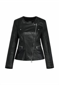 Czarna skórzana kurtka o dopasowanym kroju i tonalnym przeszyciu. Posiada skośny zamek błyskawiczny, dwie przednie kieszenie na zamek oraz okrągły dekolt.
