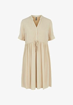 Beige korte jurk met korte mouwen, een knoopsluiting aan de voorkant, een strik taille en een vloeiende rok. Gestructureerde stof met een subtiel streeppatroon.