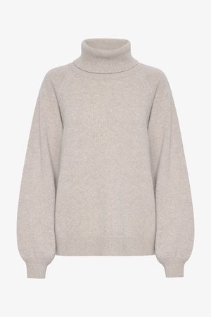 Light beige turtleneck sweater made of soft knit fabric. Features raglan sleeves and ribbed cuffs, with a relaxed fit and minimal detail.