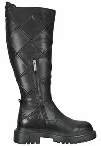 Bota de cuero negra hasta la rodilla con patrón acolchado, cremalleras laterales, suela resistente con surcos y punta redondeada. El acabado texturizado añade detalle.