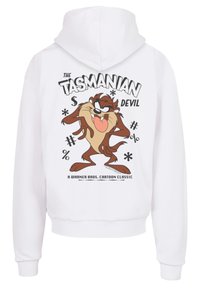 Hvit hettegenser med et grafisk motiv av Tasmanian Devil. Designet inkluderer fete svarte bokstaver og fargerike karakters detaljer mot stoffet.