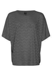 Mørkegrå kortærmet top med et tekstureret zigzagmønster. Løs pasform med en rund halsudskæring og drop-shoulder-design.