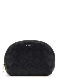 Black synthetic leather cosmetic pouch with embossed pattern, rounded shape, silver zipper closure, and brand logo on the front.