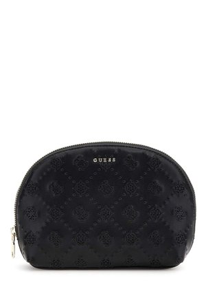 Black synthetic leather cosmetic pouch with embossed pattern, rounded shape, silver zipper closure, and brand logo on the front.
