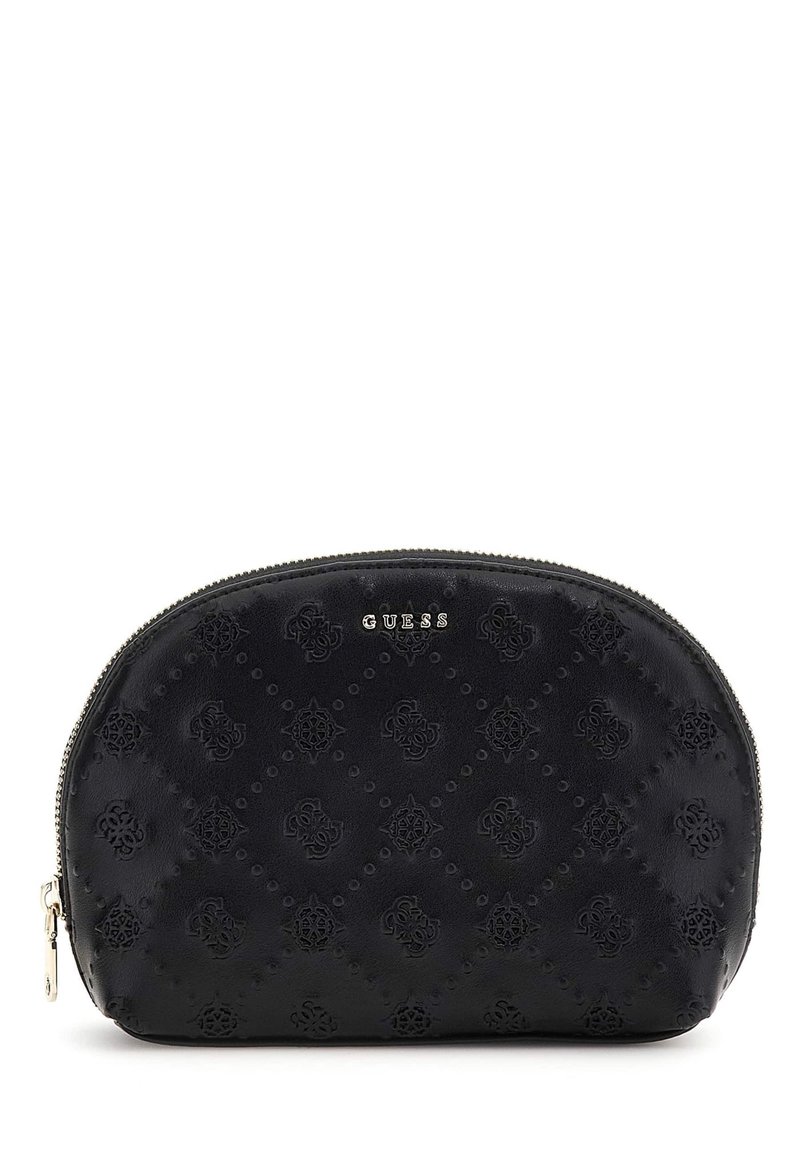 Black synthetic leather cosmetic pouch with embossed pattern, rounded shape, silver zipper closure, and brand logo on the front.