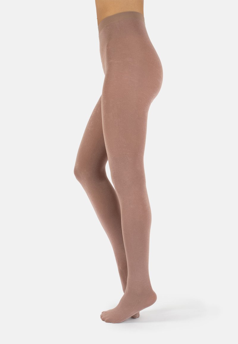Opake, beigen Strumpfhosen mit glattem Material und breitem, elastischem Bund. Das Design passt sich dem Bein an und zeichnet sich durch eine nahtlose Verarbeitung aus.