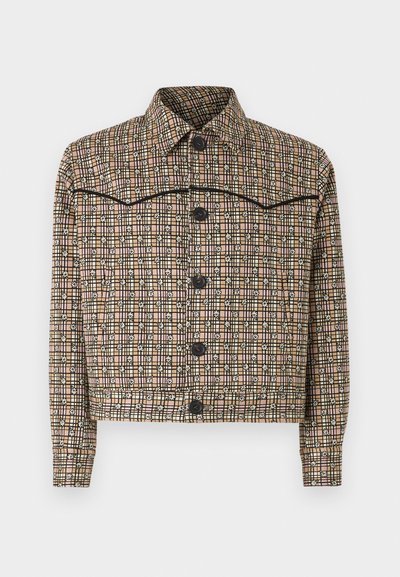Checkered cropped jacket in beige, pink, and black fabric. Features a collar, long sleeves, and five black buttons with a floral pattern.