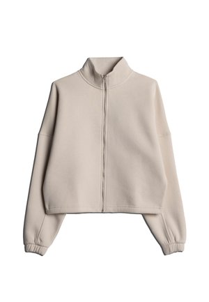 Lys beige, kort sweatshirt med høy krage og hel glidelås, med nedfalt skuldre og elastiske mansjetter. Glatt, mykt materiale.