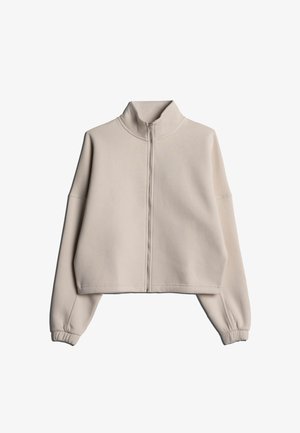 Lichtbeige, cropped sweatshirt met een hoge kraag en volledige rits, met schoudernaad en elastische manchetten. Vloeiende, zachte stof.