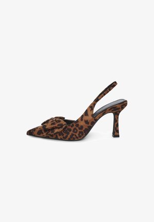 Leopardenmuster Slingback-Pumps in braunem und schwarzem Wildleder mit spitzem Zehenbereich und Stoffblumen-Applikation an der Vorderseite.