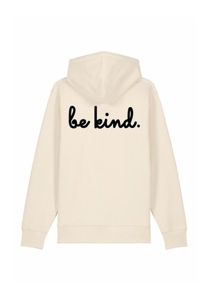 Sweat à capuche beige avec un cordon de serrage. Le dos arbore le texte "sois gentil." en police cursive noire. Texture lisse, design décontracté.