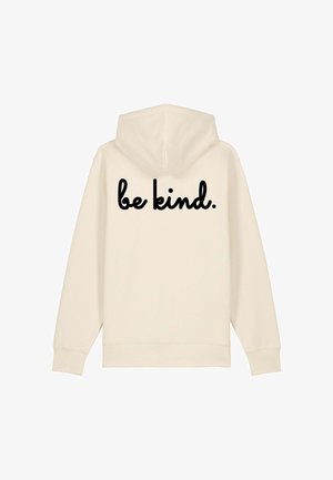 Felpa beige con cappuccio regolabile. Sul retro presenta la scritta "be kind." in un elegante font corsivo nero. Texture liscia, design casual.