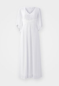 Μακριά λευκή φόρεμα από chiffon με V ντεκολτέ, ρέουσες μανίκες και μαζεμένη μέση, με μαλακή, ελαφριά υφή σε όλο το μήκος.