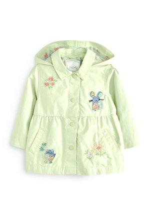 Manteau en coton vert clair avec capuche, orné de broderies florales et de motifs animaliers d'une grenouille et d'un lapin sur le devant.