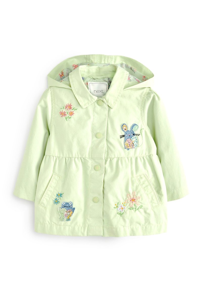 Lys grøn bomuldsfrakke med hætte, med blomsterbroderi og dyremotiver af en frø og en kanin foran.