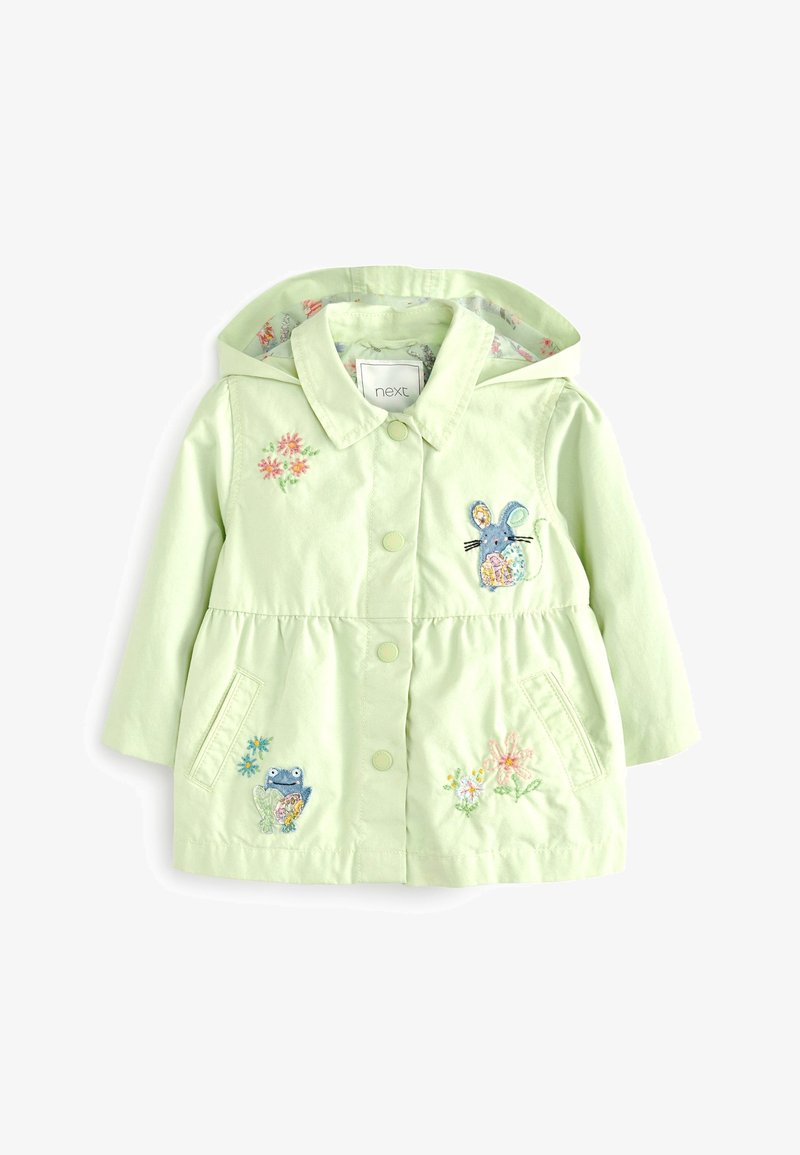 Lys grøn bomuldsfrakke med hætte, med blomsterbroderi og dyremotiver af en frø og en kanin foran.