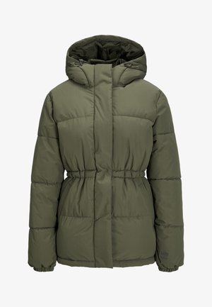 Oliivinvihreä toppatakki hupulla, joustavalla vyötäröllä ja hihojen resoreilla, sivutaskuilla ja vetoketjulla, joka peittyy läpällä.