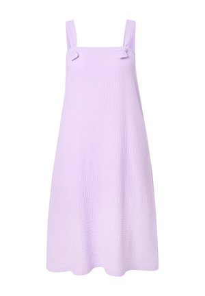 Abito in cotone lilla con finitura testurizzata e stropicciata. Presenta spalline regolabili con dettagli a nodo. Silhouette ampia a forma di A.
