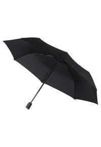 Schwarzer Regenschirm mit Stoffdach, Metallrahmen und Kunststoffgriff. Verfügt über eine klassische prismatische Form und eine robuste Konstruktion.