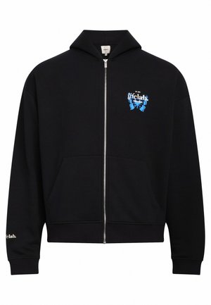 Felpa nera con zip, dotata di tasca frontale e scritte bianche sui polsini. Presenta una stampa grafica blu sul petto. Tessuto misto cotone.