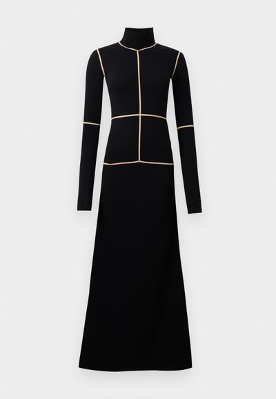 Black long-sleeve midi dress with a mock neck, featuring cream piping in a grid pattern across the torso and flowing skirt. Smooth fabric texture.