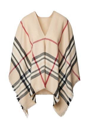 Beżowy wełniany ponczo z dekoltem w serek. Posiada klasyczny wzór w kratę w kolorach czerwonym, czarnym i beżowym, z frędzlami na krawędziach.