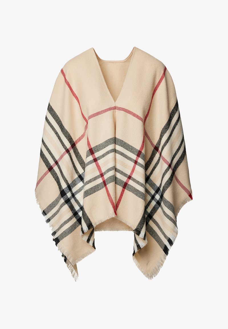 Beżowy wełniany ponczo z dekoltem w serek. Posiada klasyczny wzór w kratę w kolorach czerwonym, czarnym i beżowym, z frędzlami na krawędziach.