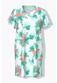 Minikleid mit kurzen Ärmeln, tropischen Blättern und pinkfarbenen Papageien, knielang mit seitlichen Schlitzen und V-förmigem Ausschnitt.