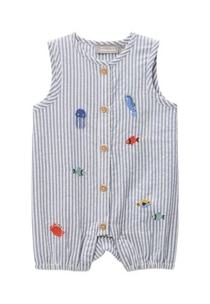 Combinaison bébé sans manches rayée bleu et blanc avec boutons en bois et créatures marines brodées incluant poisson, crabe, méduse et hippocampe.