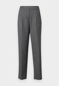 Pantalons gris ajustés présentant une texture lisse, une coupe droite et des plis à l'avant. Fabriqués en tissu léger avec un motif subtil.