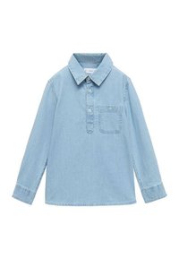 Cămașă din denim de bumbac, bleu deschis, cu mâneci lungi și nasturi. Prezintă guler, un singur buzunar pe piept și închidere cu nasturi. Textură netedă.