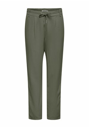 Pantalon vert olive coupe slim avec taille élastique et cordon de serrage, comprenant des plis à l'avant et des passants pour ceinture.