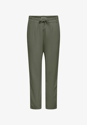 Pantalon vert olive coupe slim avec taille élastique et cordon de serrage, comprenant des plis à l'avant et des passants pour ceinture.