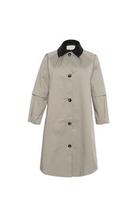 Ljusgrå trenchcoat med svart krage, knäppning fram, ärmlängd till armbågen och sidofickor. Slät textur, klassisk design.