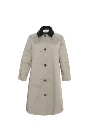 Hele hall trench coat musta kaelusega, nööpide eesmine sulgemine, küünarnuki pikkuses varrukad ja küljetaskud. Sile tekstuur, klassikaline disain.